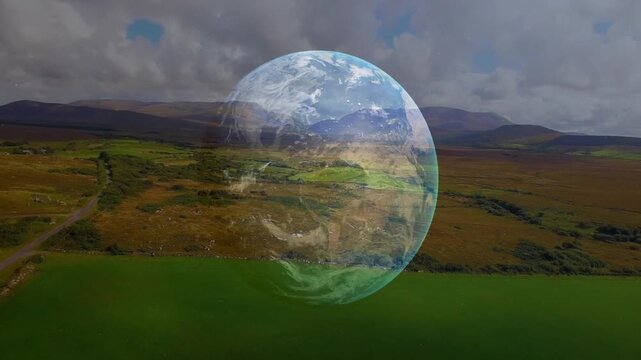 Faint globe appearing over rural hills, sharpening, rotating, drifting right to show global overlay