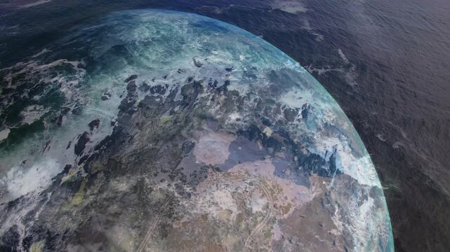 Slow camera pan starting globe drifting down and right showing shore foam, mapping sea texture