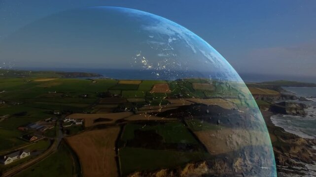 Camera moving forward, blue dome overlay drifting in, revealing fields and gaining flecks as shield