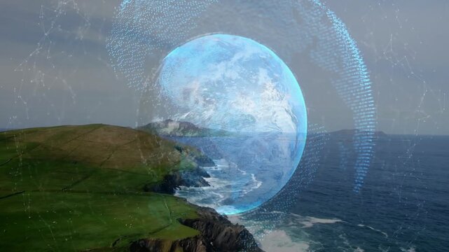 Blue holographic globe appearing over coastline, rotating and pulsing to visualize coastal data