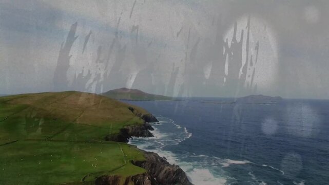 Coastal panorama starting with translucent overlay, artifacts shifting, revealing headland and surf