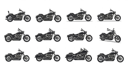 Collection of twelve vintage motorcycle illustrations in black and white. © malika