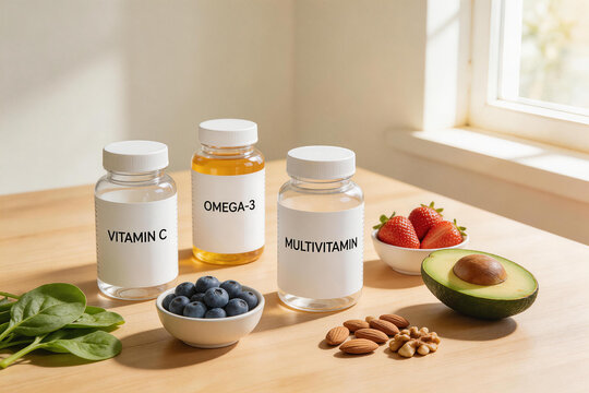 Three supplement bottles labeled Vitamin C, Omega-3, and Multivitamin sit on a wooden table beside various fresh fruits and nuts near a sunlit window.