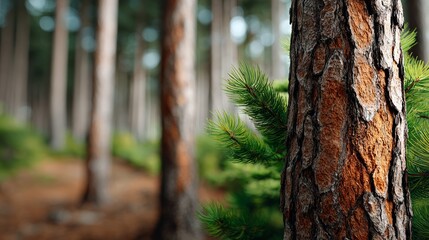 Obraz premium Close-up of a textured pine tree trunk with green pine needles in a blurred forest background, showcasing the natural beauty of a woodland environment