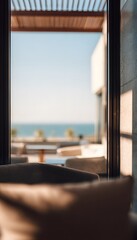 Fototapeta premium Luxurious villa interior boasts panoramic sea views showcasing modern design and expansive tranquil living spaces