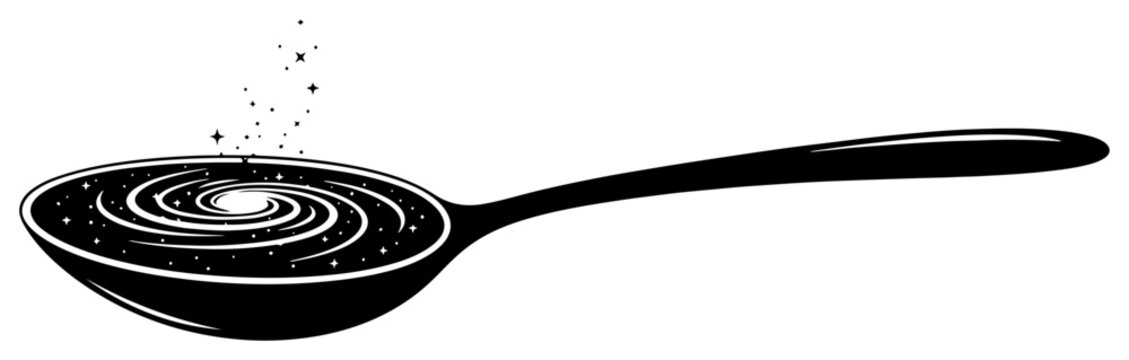 Spoon with a galaxy cosmic swirl in black and white vector silhouette