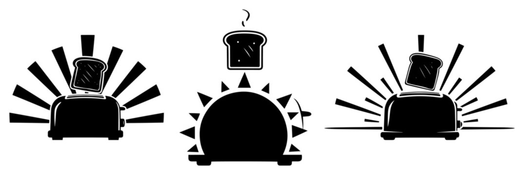 Set of toast popping out of a toaster with a radiant sun background in vector illustration