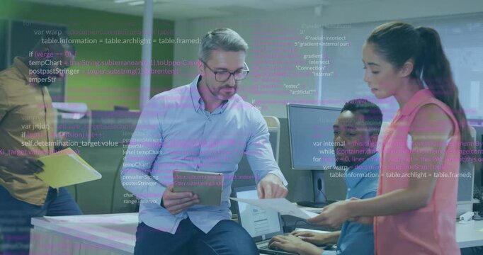 Woman handing printed pages, man with tablet tapping, team validating documents, code overlaying