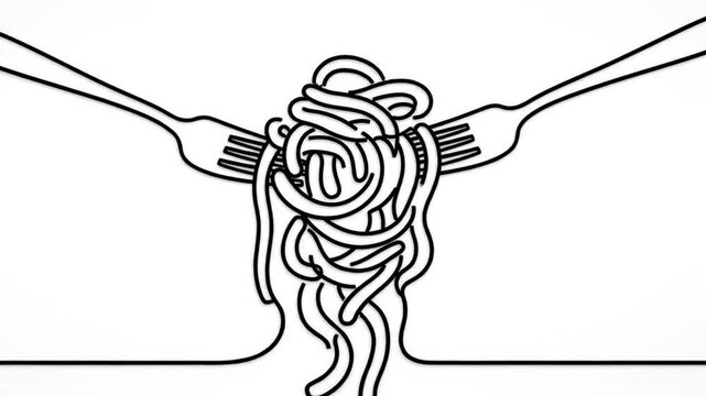 Minimalist continuous line drawing of forks with spaghetti