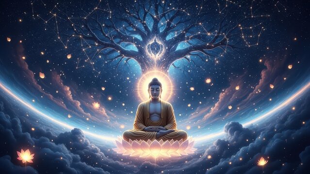 Serene Buddha meditation under cosmic tree of enlightenment