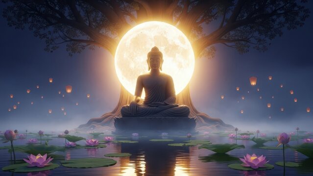 Serene Buddha statue meditating under full moon with lanterns and lotus flowers