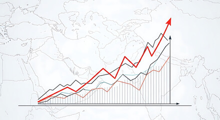 Obraz premium Financial chart showing a positive upward trend with a red arrow against a world map, symbolizing global market growth and investment success