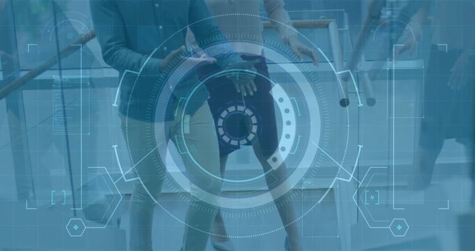 Coworkers descending stairs and using phone, activating HUD at midline and reviewing business data