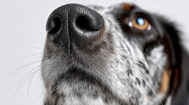 Close-up of a dog's snout showcasing detailed fur texture, prominent black nose, and expressive brown eye against a neutral background