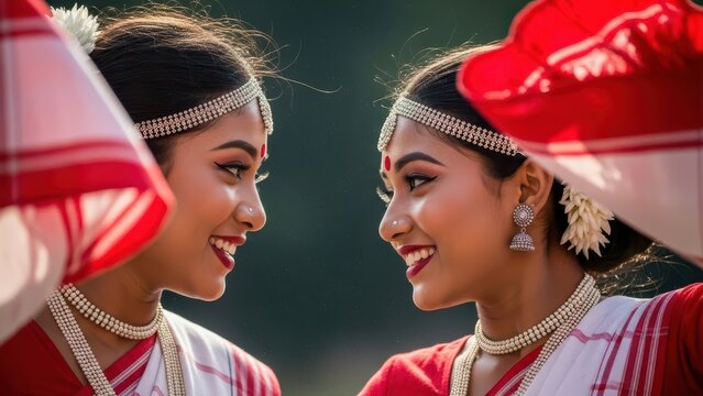 Two Indian women smiling at each other in traditional attire on bihu festival