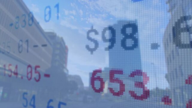 Glassy ticker updating after refresh, blocky digits shifting color or pos to show market over skylin