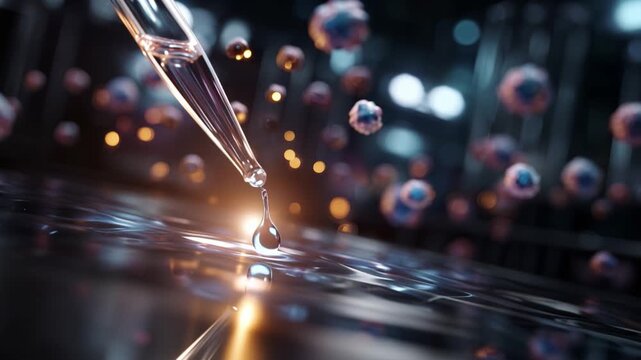 Exploring Microscopic Liquid Dynamics: A Close-Up of a Pipette Drop in a Lab Setting Showcasing the Interaction of Droplets with Fluid Surfaces and Particles