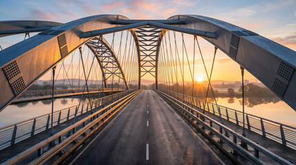 Obraz premium A large metal bridge with a road leading to the sunset
