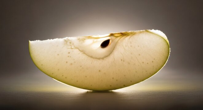 Fresh green apple slice with bite close-up on neutral background minimalist food photography perfect for Tomatillo & Asian Pear Month