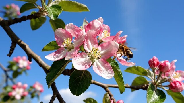 Pink apple blossoms and bee with water drops under blue sky