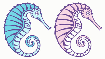 Obraz premium Two colorful seahorses swimming together in the ocean.