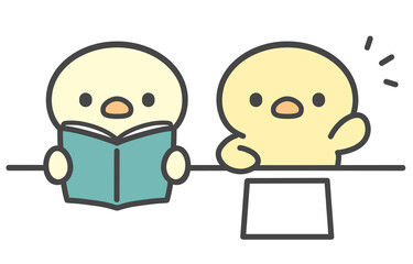 本を開くひよこと挙手するひよこの手書きイラスト  プリントを前にした授業中の読書と発表シーン © Nitomaru