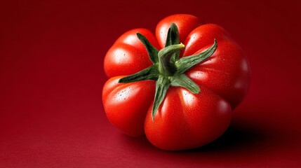 Fresh red tomato with a green stem and leaves, placed on a solid red background, showcasing its glossy surface and natural texture