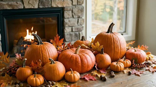 A beautifully arranged autumnal display showcases a bountiful collection of vibrant orange pumpkins and gourds of various shapes and sizes. They are artfully nestled among colorful fall foliage, featu