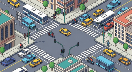Isometric City Street Scene with Traffic. © kadon