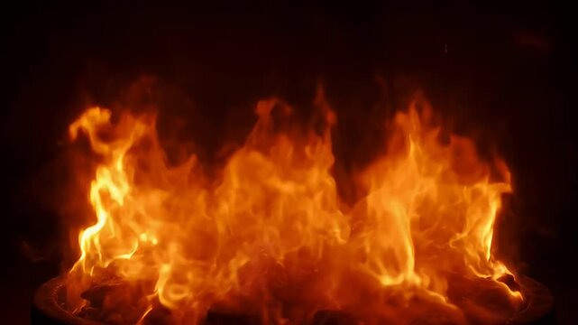 Dynamic close-up video of vibrant orange and yellow flames dancing against a dark background, perfect for intense visual effects, overlays, or dramatic scene enhancement