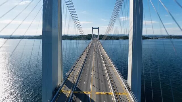 Aerial view of a modern concrete cable-stayed bridge spanning across a wide blue lake under a clear sky, featuring a long, empty asphalt road leading to the horizon