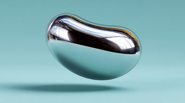 Metallic bean-shaped sculpture with a reflective surface floating above a smooth turquoise background, showcasing a modern and minimalist design aesthetic