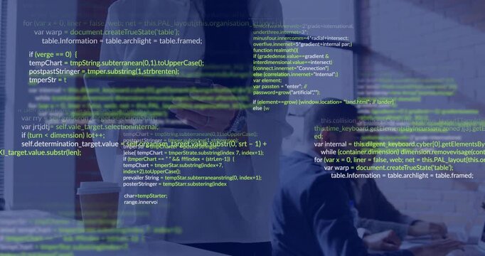 Standing woman scrolling tablet, initiating moving code overlay obscuring scene while team coding