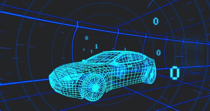 Cyan wireframe car remaining centered, tunnel pulse initiating binary digits sliding showing data