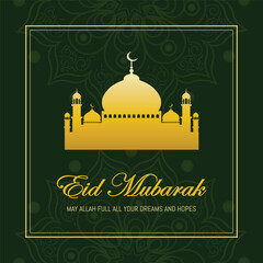 Elegant Eid Mubarak Greeting Card with Golden Mosque and Green Background