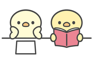 本を読むひよこと頬杖をつくひよこの手書きイラスト  授業中の読書と退屈な様子を表す対比イメージ プリントや書類のある学習シーン © Nitomaru