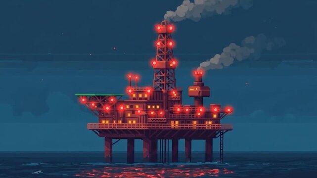 Pixel art depicts a lit offshore platform at night, smoke billowing from stacks, reflections in sea