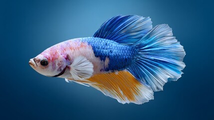 Fototapeta premium Colorful betta fish with vibrant blue, orange, and pink hues swimming gracefully against a soft gradient background, showcasing its flowing fins and scales