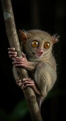Fototapeta premium Small primate with enormous eyes clings tightly to a vertical tree branch in darkness