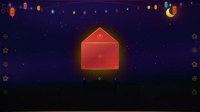 Vibrant Eid al-Fitr celebration animation with glowing red envelope and money, symbolizing generosity, charity, and festive giving during Ramadan, representing kindness and goodwill