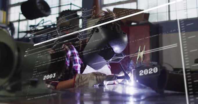 Woman welder engaging torch, welding arc while timeline sweeping, tracking industry progress
