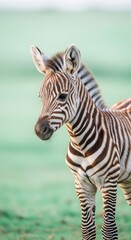 Fototapeta premium Young equine mammal with distinctive striped coat stands in soft natural light