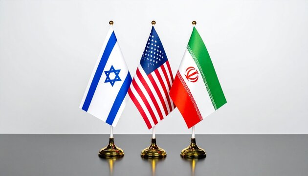 Israel, US, Iran table flags on golden bases, symbolizing diplomatic relations.