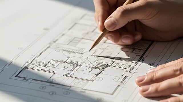 Hand drawing architectural plans with a pencil on a white surface, close-up view