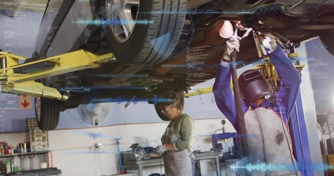 Two auto techs starting tool under car on lift, checking parts, repairing, blue overlays sweeping