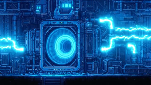 Pixel art depicting a futuristic machine with glowing energy and a vortex-like portal