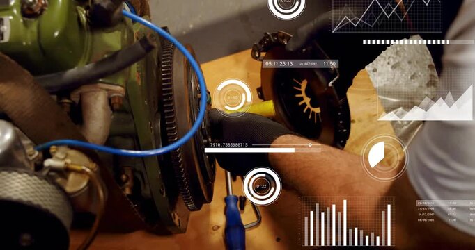 Mechanic reaching for driver undoing bolts lifting clutch exposing flywheel for repair HUD rising