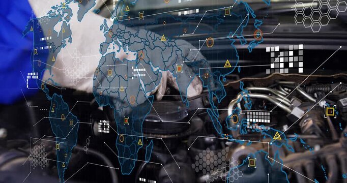 After hood opening gloved arm removing cap, wiping and adjusting parts, overlay showing diagnostics