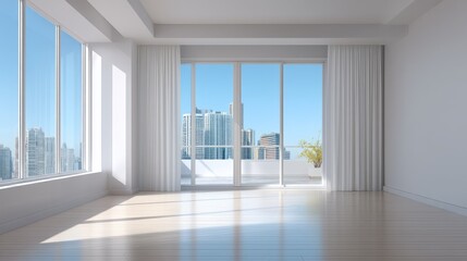 Obraz premium Modern and Minimalistic Interior of an Empty Apartment Overlooking a City Skyline with Large Windows and Natural Light Streaming In
