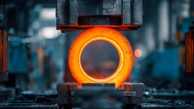Industrial forging process showing glowing hot metal ring being shaped by heavy machinery in a modern manufacturing facility environment